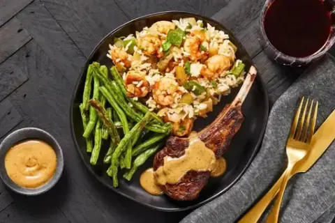 Cajun-Spiced Lamb Chops & Shrimp Dirty Rice