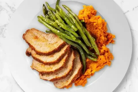 Pork Loin with Sweet Potato Mash and Green Beans