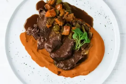 Beef Pot Roast with Sweet Potato Mash and Brussels Sprouts