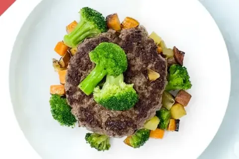 Beef Burger With Roasted Broccoli, Sweet Potato And Beets